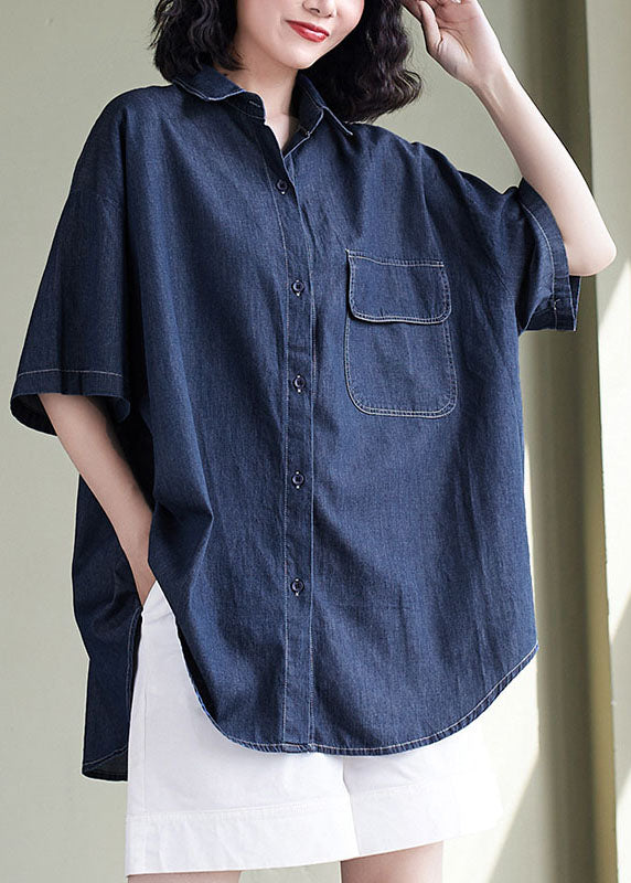 Femmes Navy Peter Pan Collar Patchwork Denim Shirt Top Summer