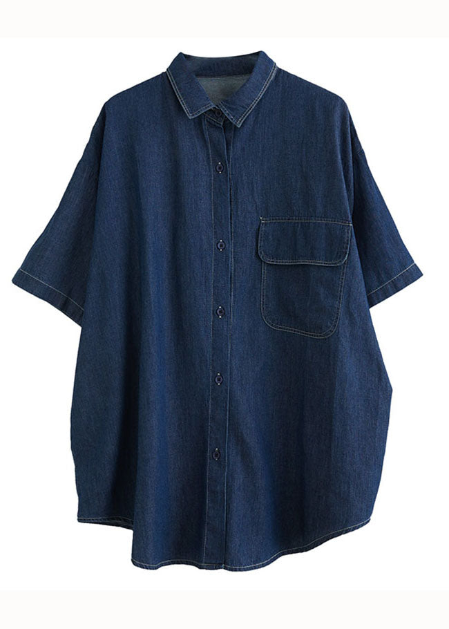 Femmes Navy Peter Pan Collar Patchwork Denim Shirt Top Summer