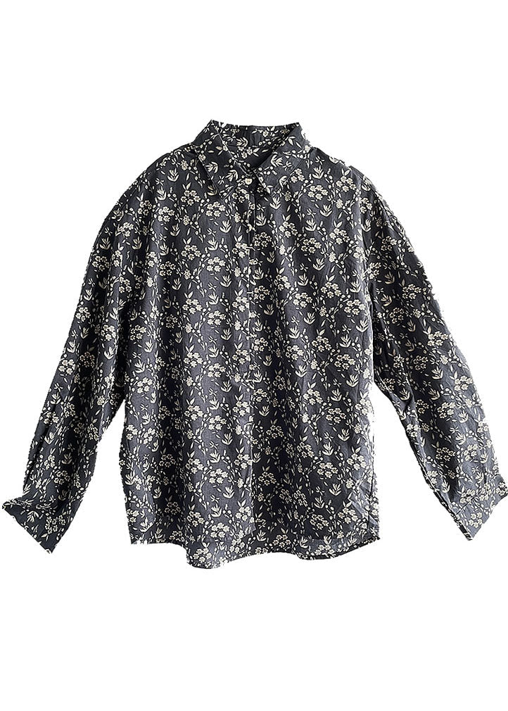 Femmes Navy Peter Pan Collar Print Cotton Shirt Top Fall