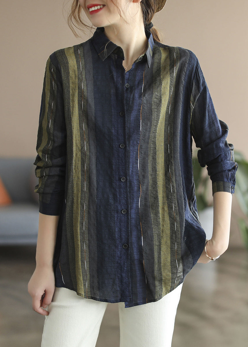 Women Navy Peter Pan Collar Shirt Top Long Sleeve