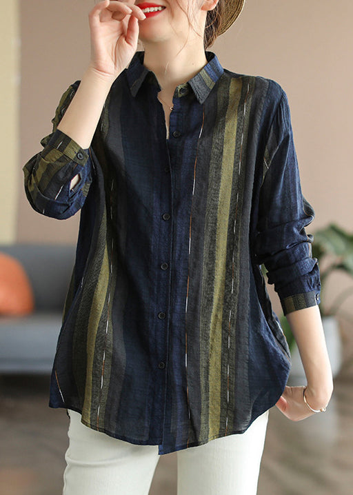 Women Navy Peter Pan Collar Shirt Top Long Sleeve