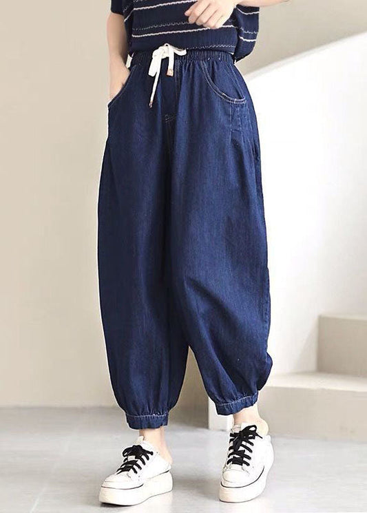 Femmes Navy Solid Elastic Twist Draw-Trafing Pockets Cotton Denim Beam Pantal Summer