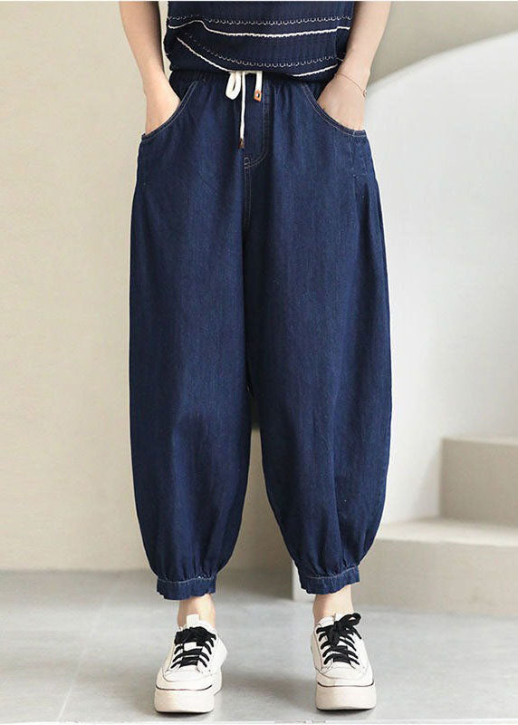 Femmes Navy Solid Elastic Twist Draw-Trafing Pockets Cotton Denim Beam Pantal Summer