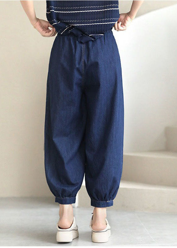 Femmes Navy Solid Elastic Twist Draw-Trafing Pockets Cotton Denim Beam Pantal Summer