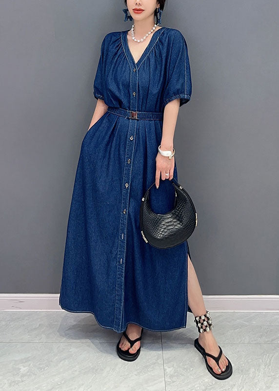 Femmes Navy V Neck Tie Taist Side Open Patchwork Denim Robe Summer