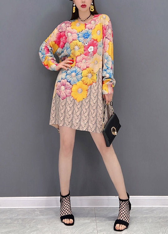 Femmes O-Neck Floral Print Murffon Robes Mid Sleeve Long