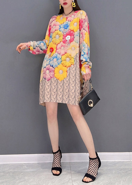 Femmes O-Neck Floral Print Murffon Robes Mid Sleeve Long