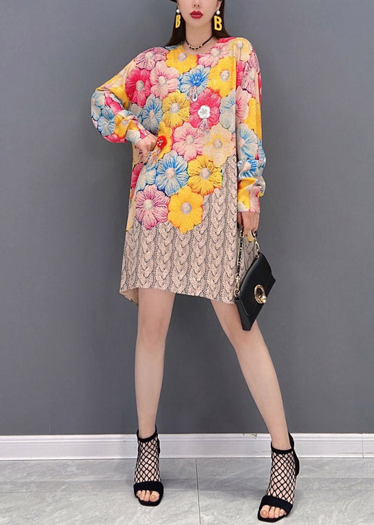 Femmes O-Neck Floral Print Murffon Robes Mid Sleeve Long