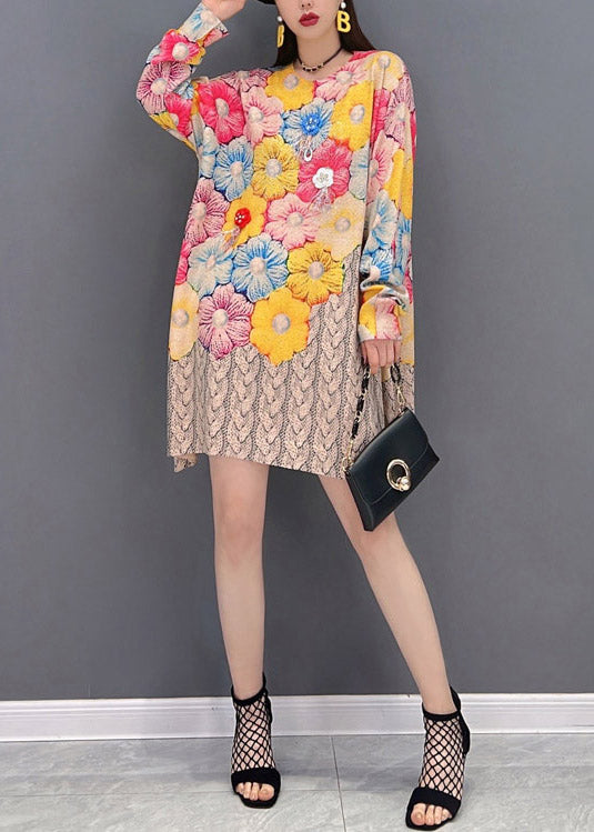 Femmes O-Neck Floral Print Murffon Robes Mid Sleeve Long