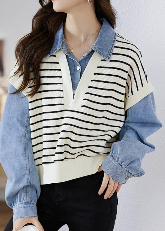 Femmes Peter Pan Collar Denim Patchwork Faux Two Pieces Tricot Blouse Tops Fall