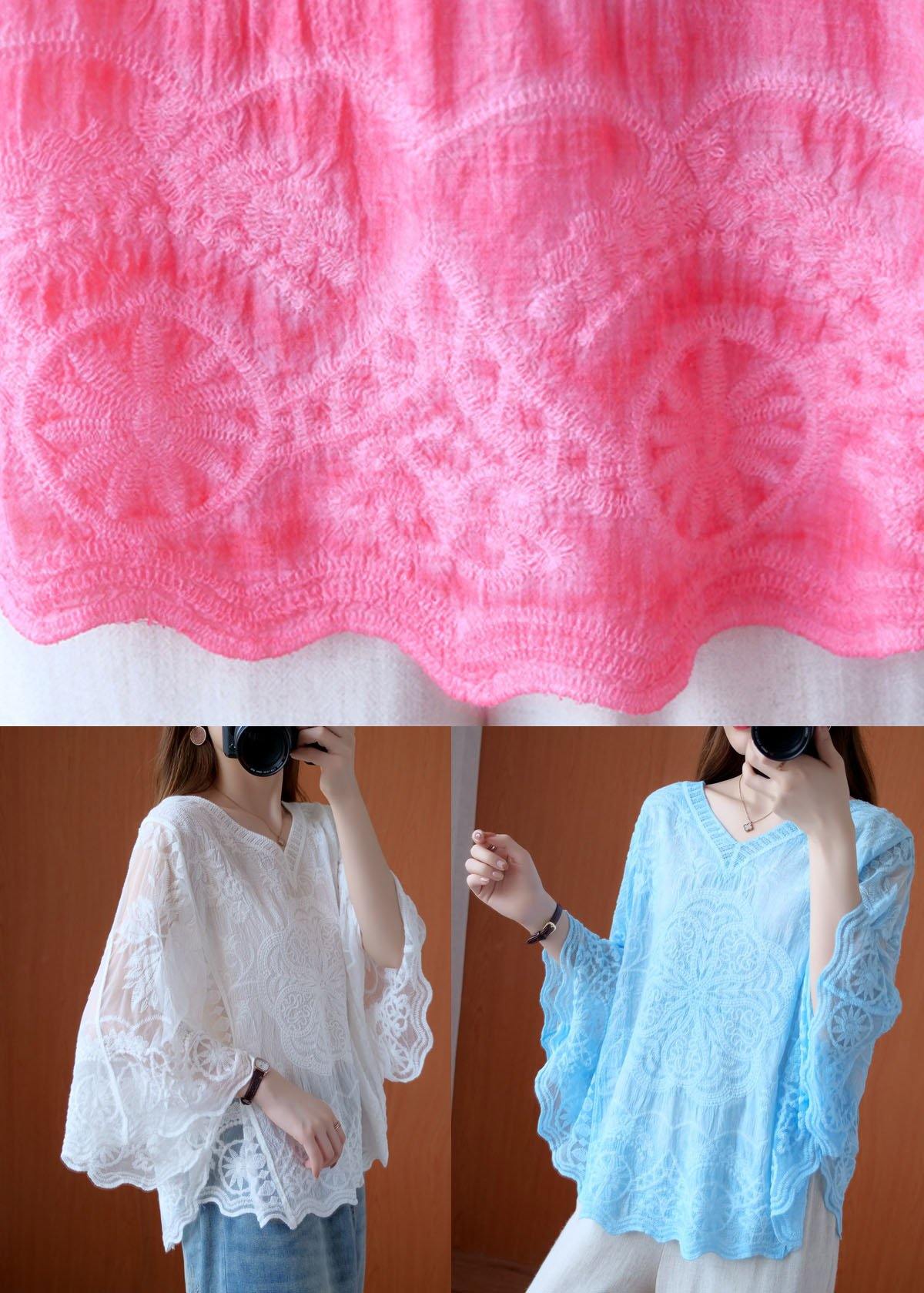 Women Pink Asymmetrical Design Summer Lace Top - SooLinen