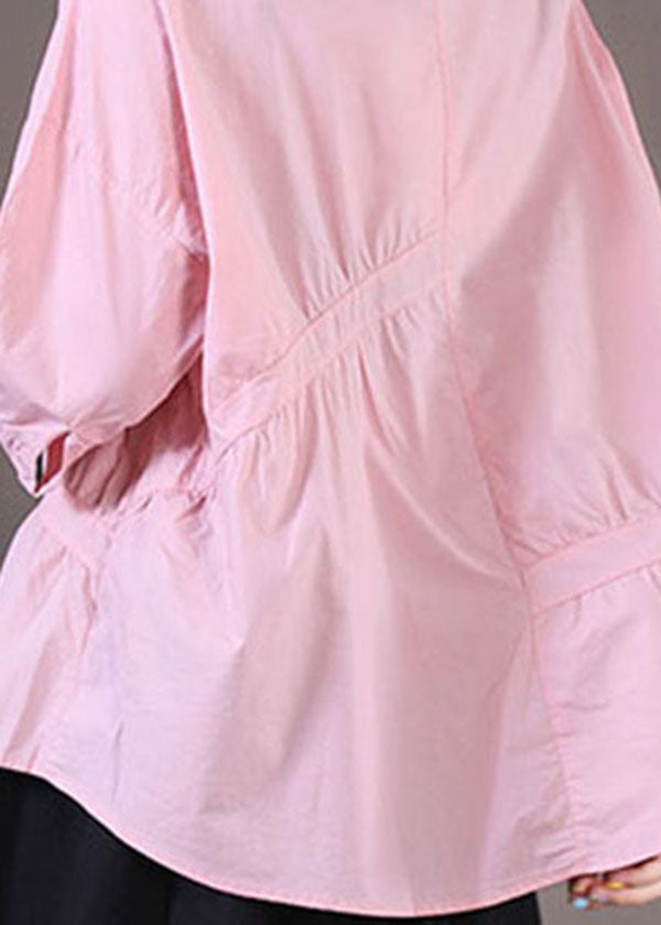 Femmes Pink O-Leck Shirts en coton ridés asymétriques à moitié manche