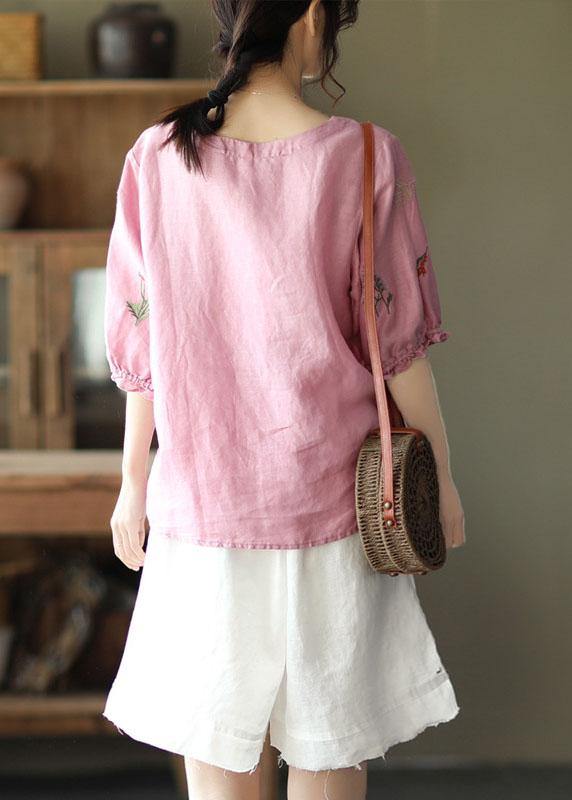 Women Pink O-Neck Embroideried Summer Ramie Blouses Half Sleeve - SooLinen