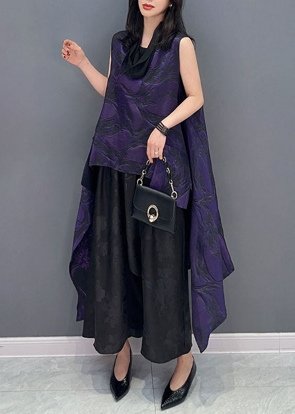 Women Purple Jacquard Asymmetrical Patchwork Cotton Tops Sleeveless