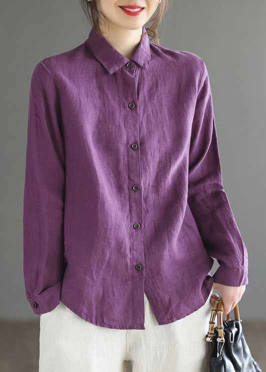 Femmes Purple Button Peter Pan Collar lin Shirt Top à manches longues