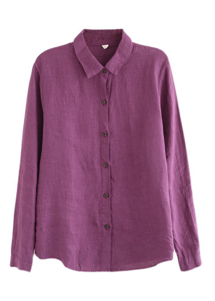 Femmes Purple Button Peter Pan Collar lin Shirt Top à manches longues