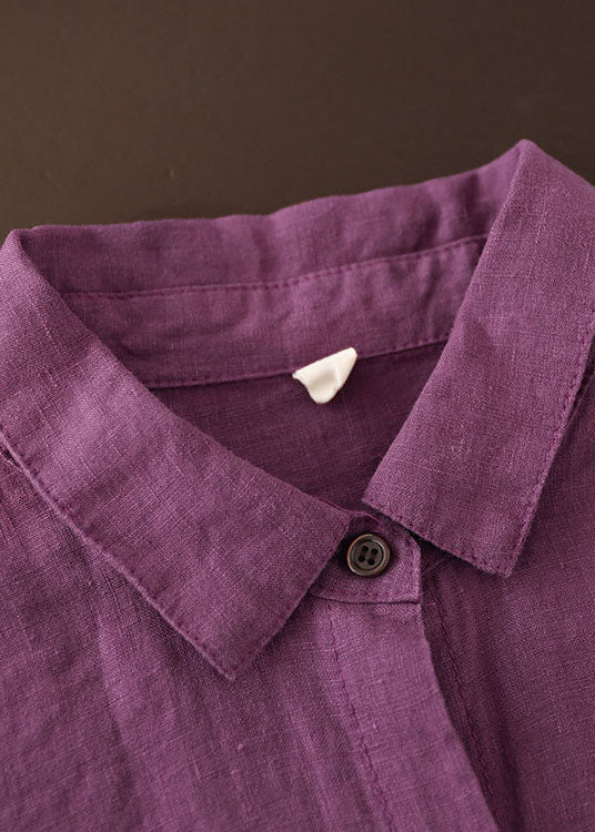 Femmes Purple Button Peter Pan Collar lin Shirt Top à manches longues