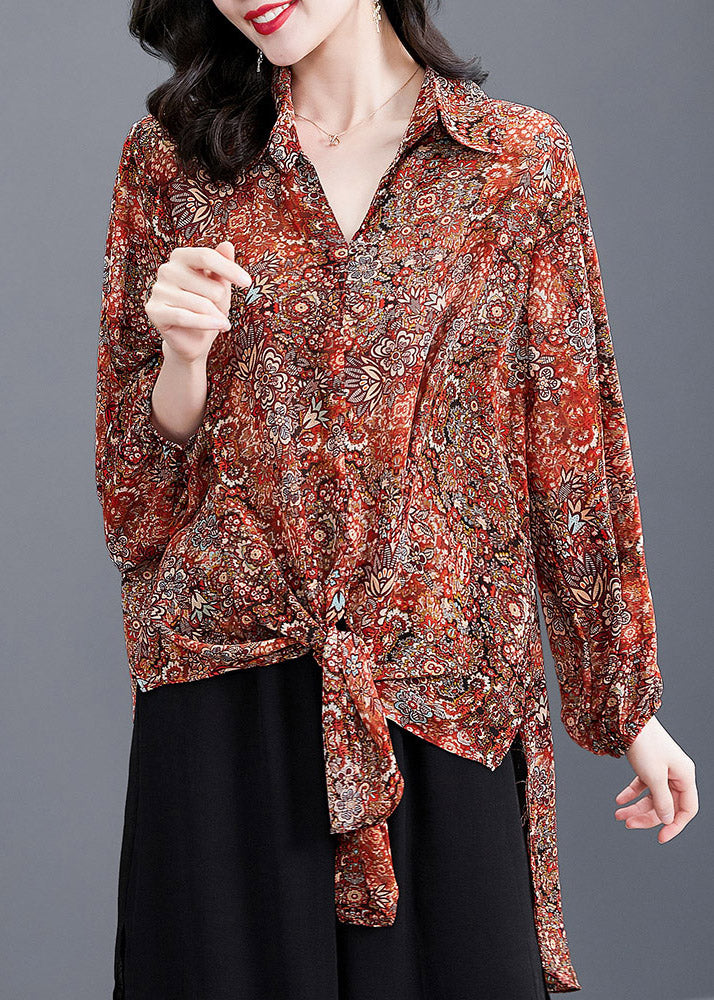 Femmes Red Peter Pan Collar Bouton Print Side Open Murffon Shirt Tops Long Sleeve