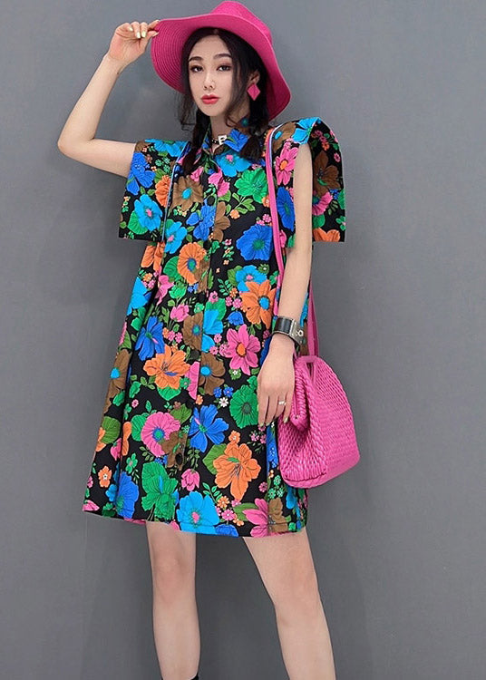 Women Red Peter Pan Collar Print Button Mid Dress Short Sleeve