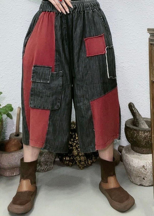 Femmes poches rouges patchwork denim pantalon de jambe large été