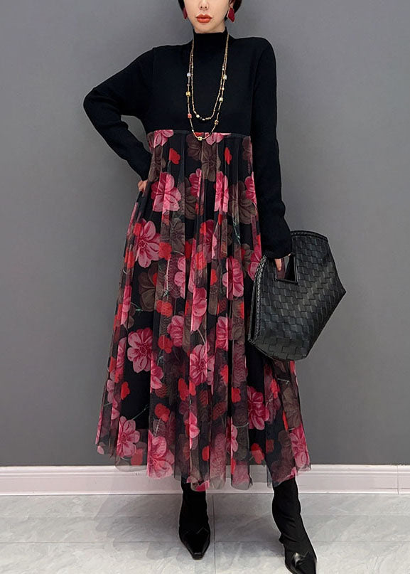 Women Red Print Stand Collar Patchwork Tulle Knit Long Dress Spring