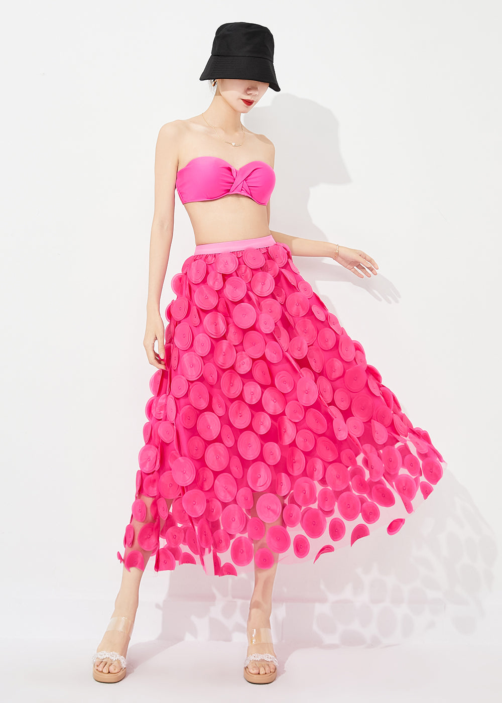 Femmes rose élastique taille exra grande jupe de tulle ourlet