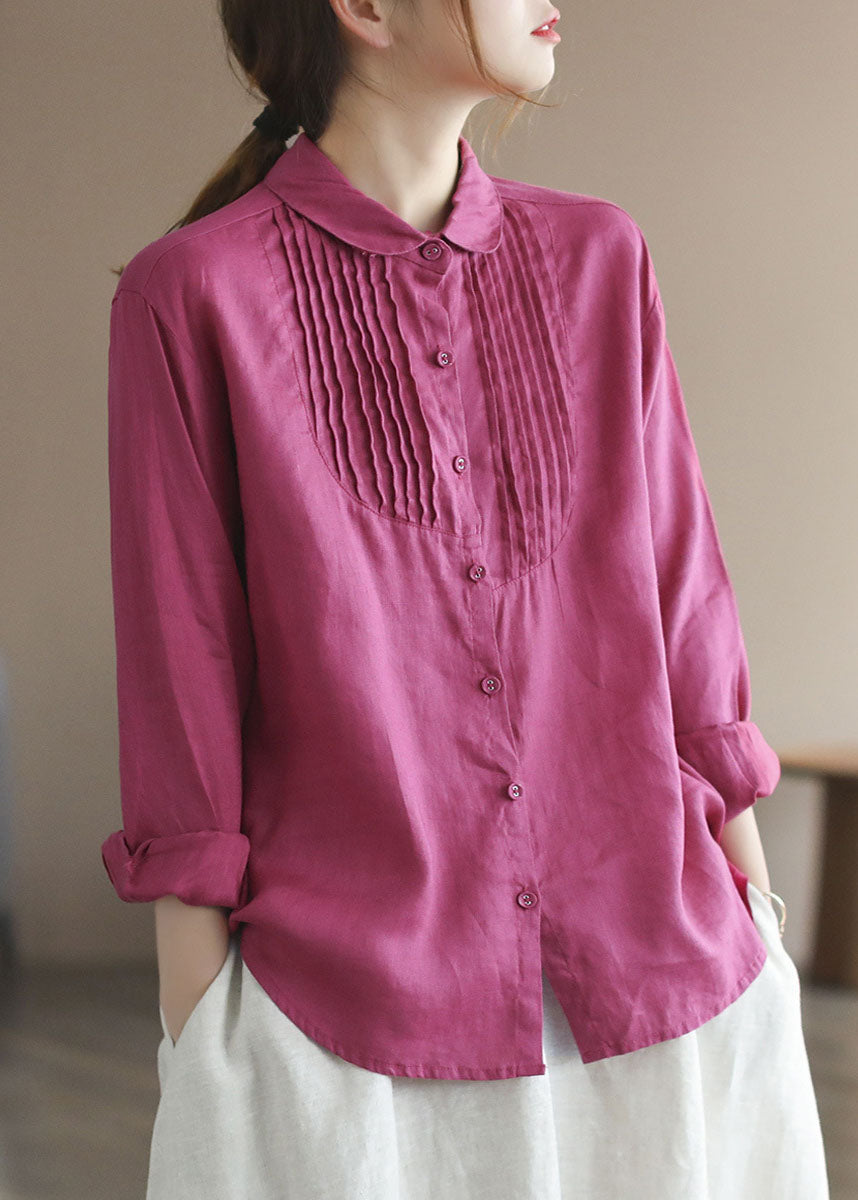 Women Rose Peter Pan Collar Wrinkled Button Linen Shirt Tops Long Sleeve