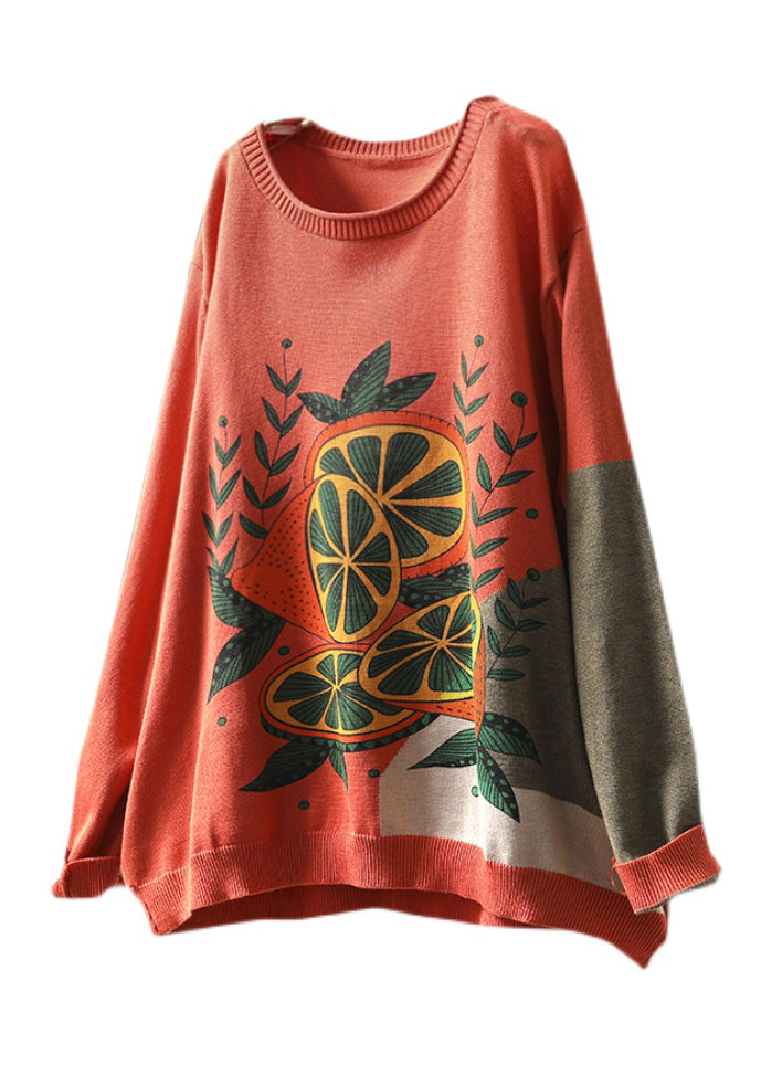 Women Rust O-Neck Print Knitted Cotton Thread Sweaters Fall