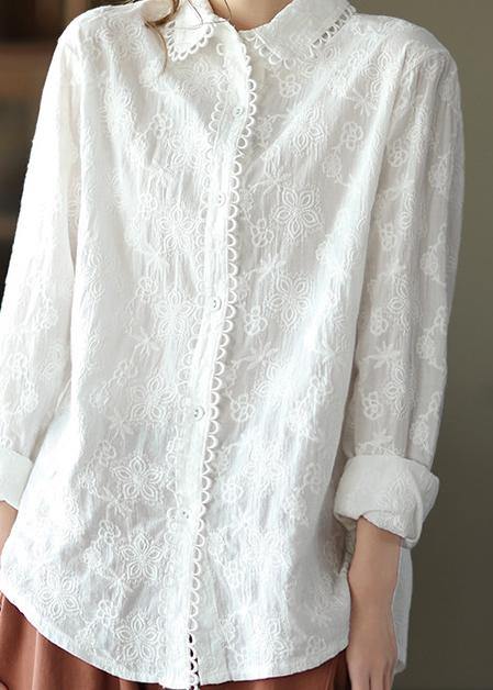 Women White Embroidery shirts Lapel white button loose Spring blouse - SooLinen