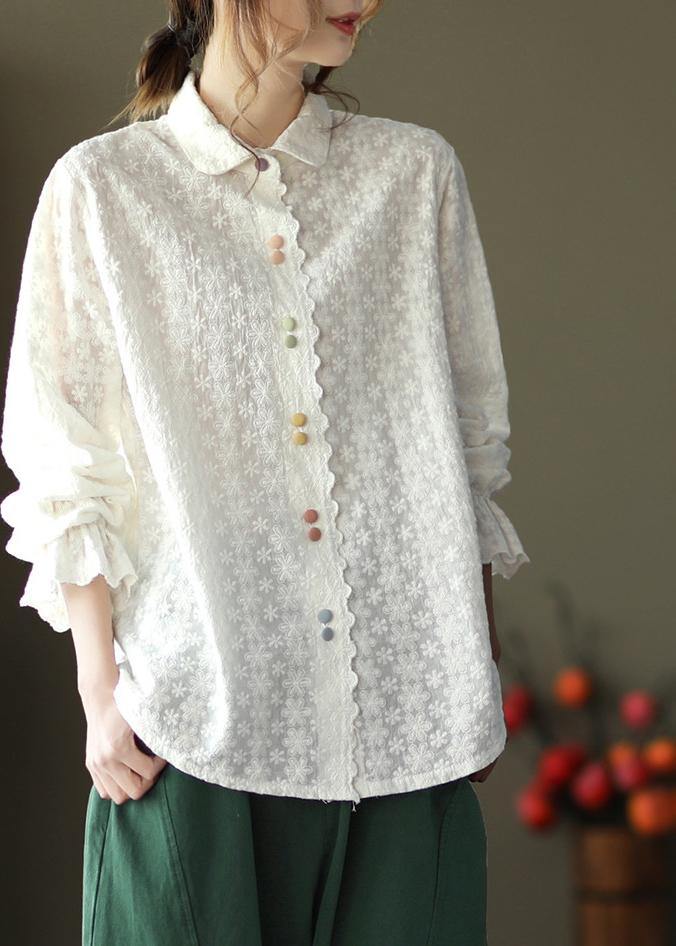 Women White Embroidery shirts Lapel white button loose Spring blouse - SooLinen