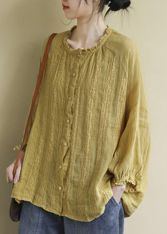 Women Yellow Button Embroideried Linen Shirts Long Sleeve