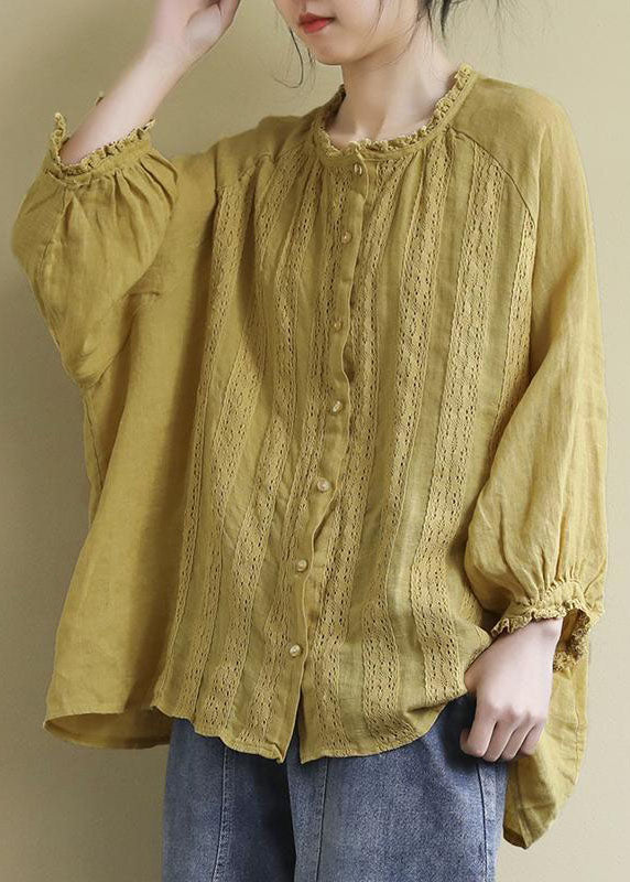 Women Yellow Button Embroideried Linen Shirts Long Sleeve