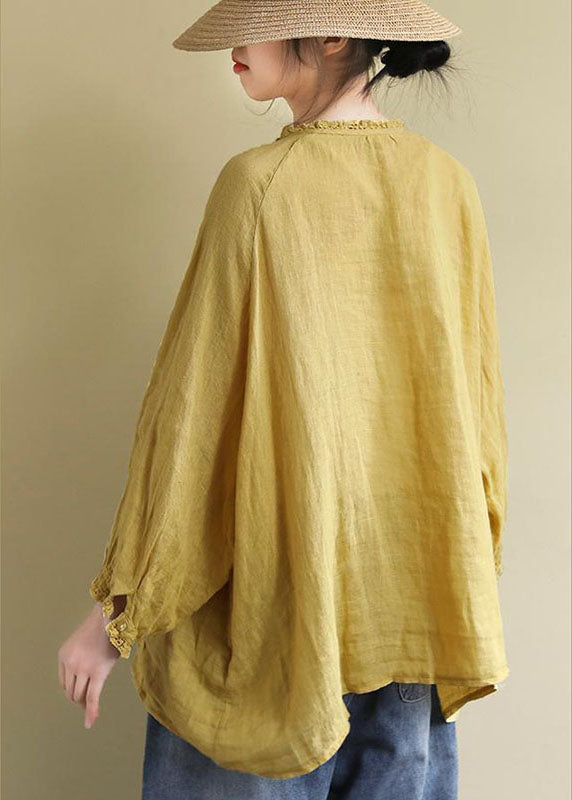 Women Yellow Button Embroideried Linen Shirts Long Sleeve