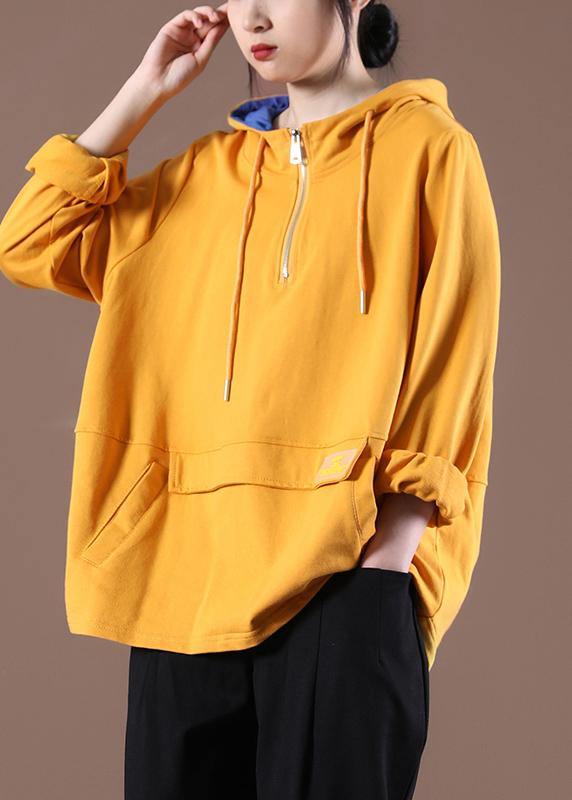 Women Yellow Cotton Unique Hooded Boho Spring Tops - SooLinen