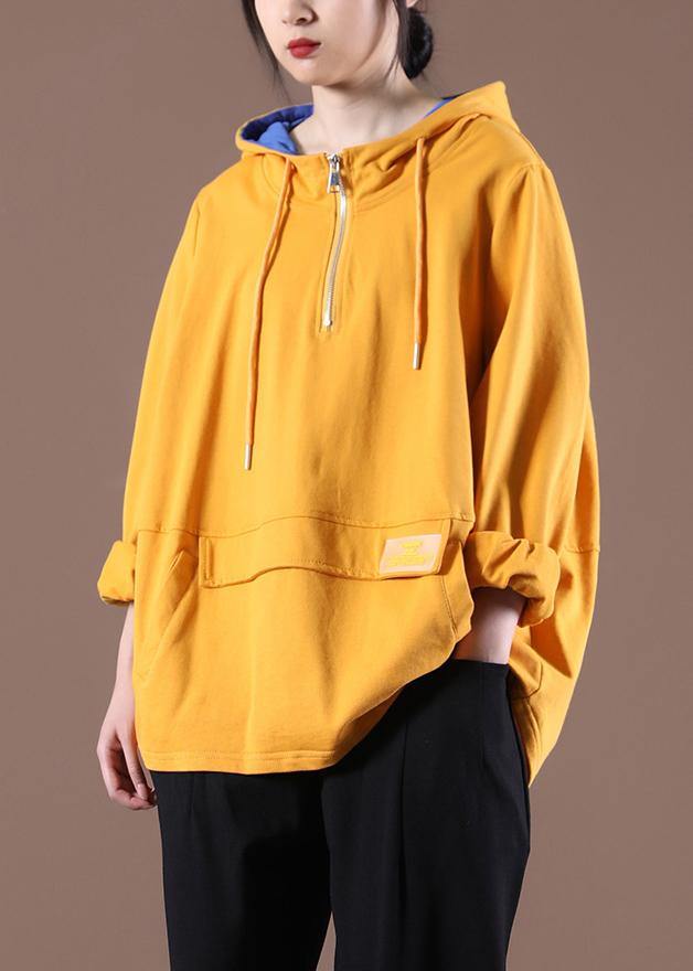 Women Yellow Cotton Unique Hooded Boho Spring Tops - SooLinen