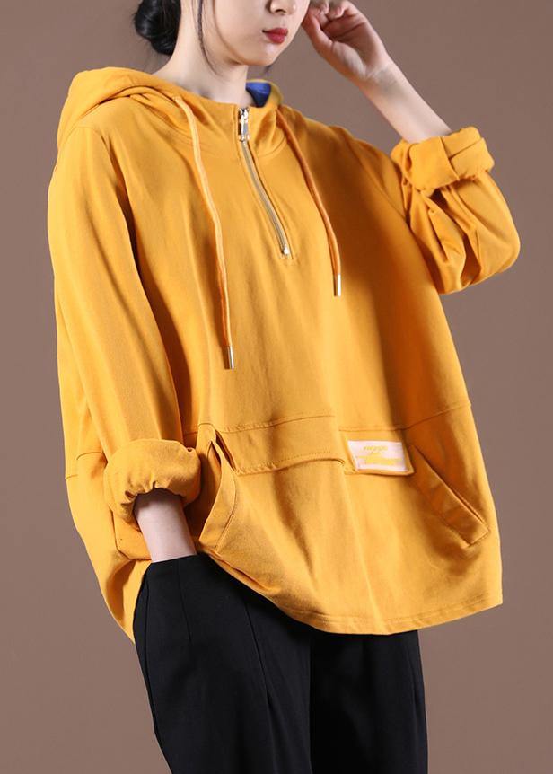 Women Yellow Cotton Unique Hooded Boho Spring Tops - SooLinen