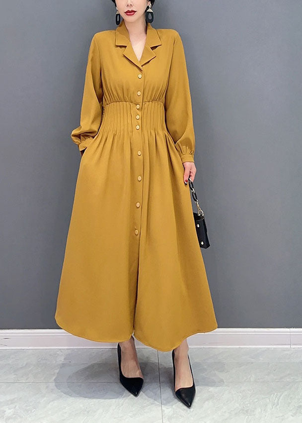 Women Yellow Notched Elastic Waist Wrinkled Spandex Long Dress Spring