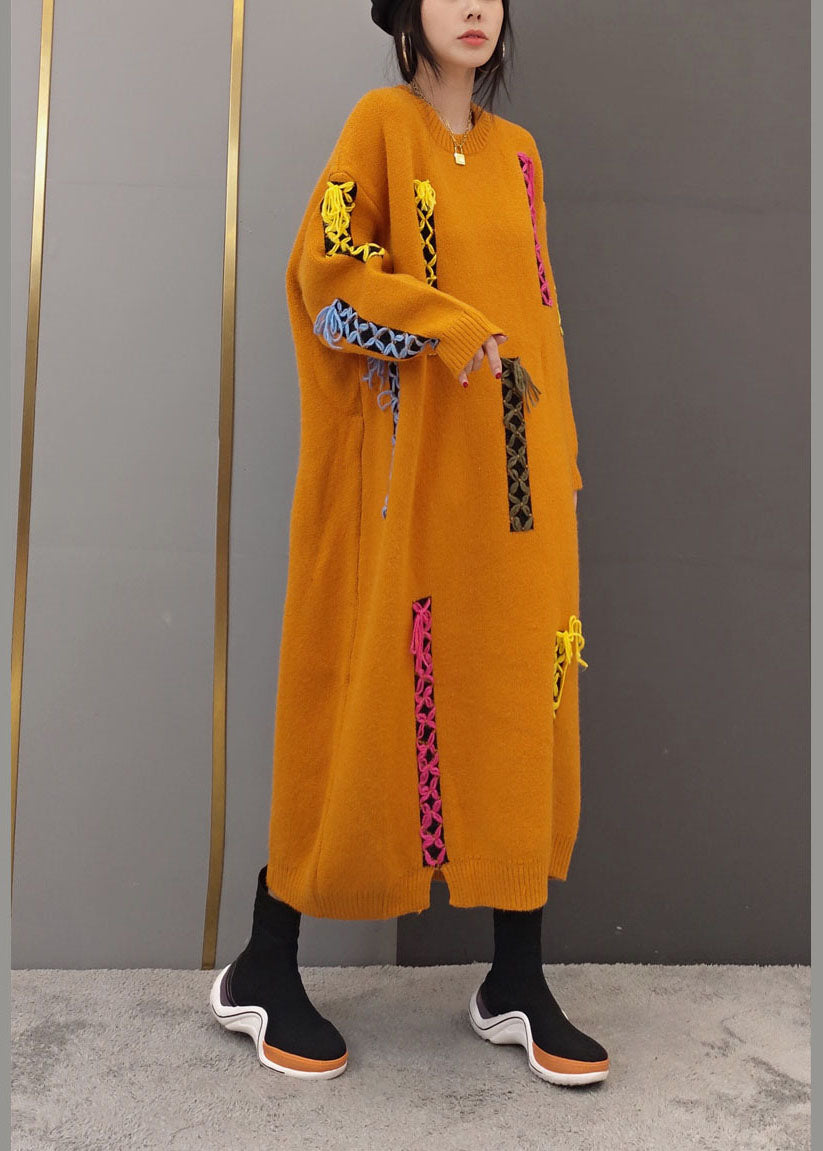 Women Yellow O-Neck Patchwork Knit long Dresses Long Sleeve