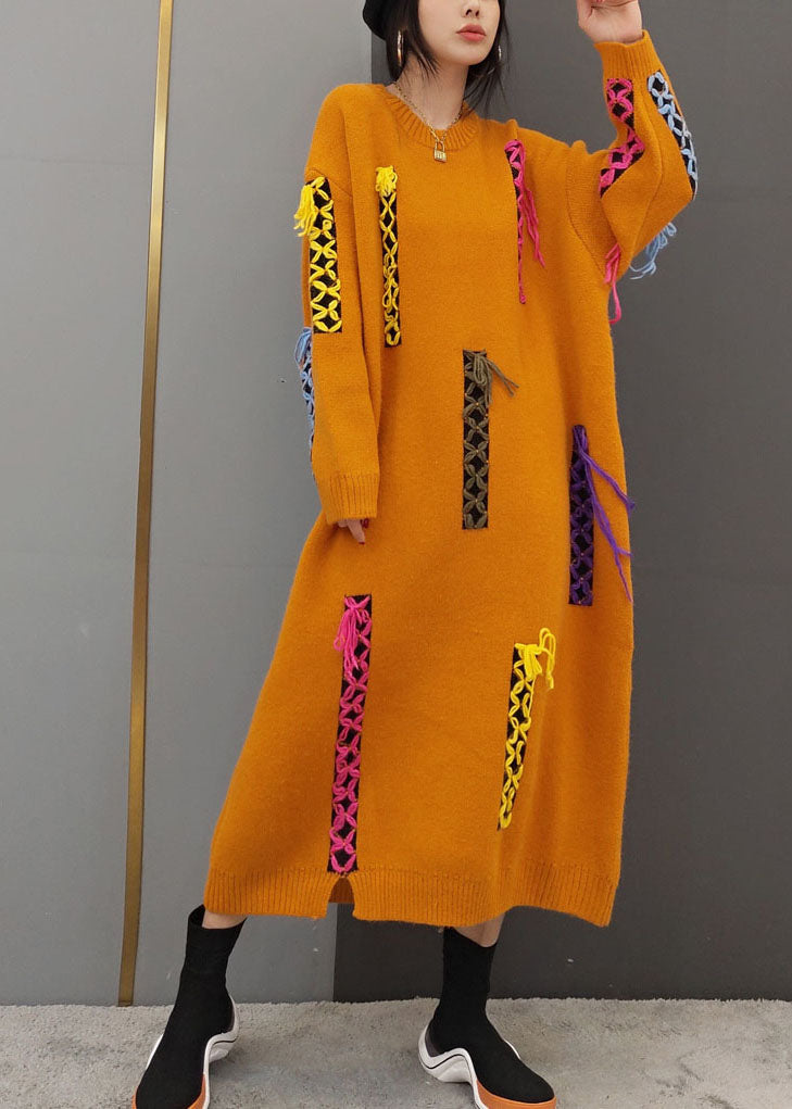 Women Yellow O-Neck Patchwork Knit long Dresses Long Sleeve