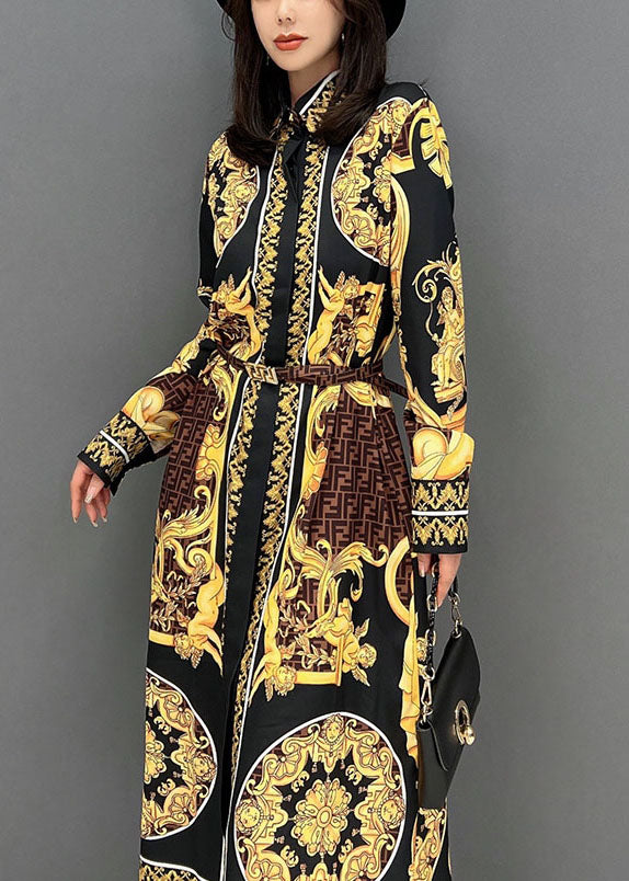 Femmes Print jaune Peter Pan Coll Cotton Shirt Robes Fall