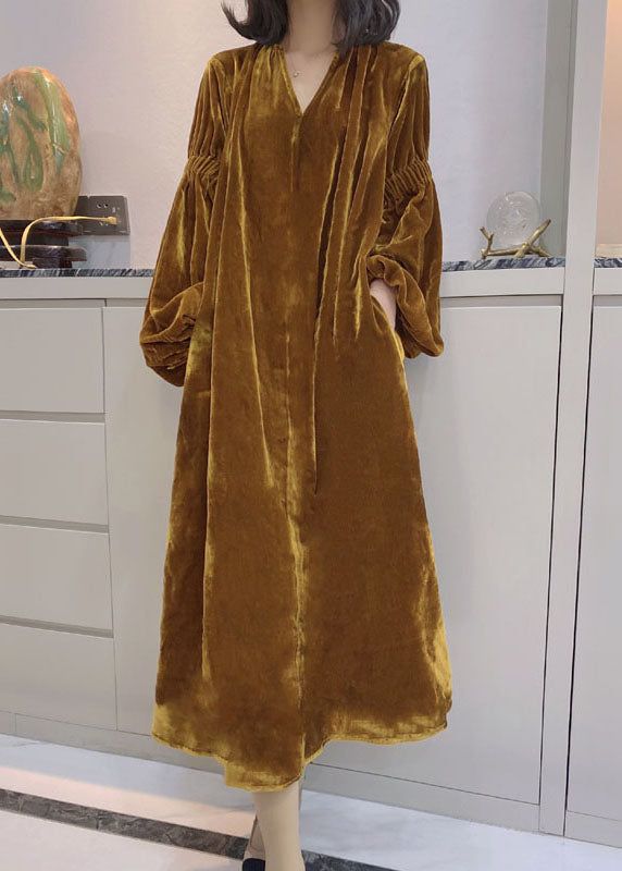 Women Yellow Puff Sleeve Pockets Velour Dress Spring