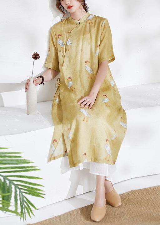 Women Yellow Side Open Print Summer Ramie long shirts - SooLinen