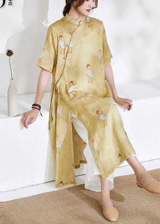 Women Yellow Side Open Print Summer Ramie long shirts - SooLinen