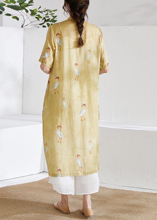 Women Yellow Side Open Print Summer Ramie long shirts - SooLinen