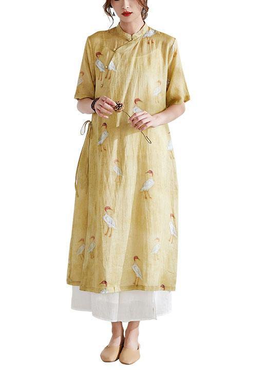 Women Yellow Side Open Print Summer Ramie long shirts - SooLinen