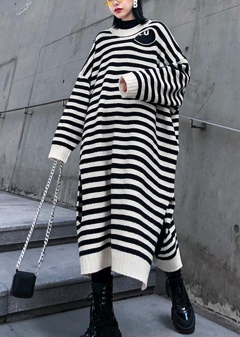 Women beige striped Sweater outfits Design o neck Hole DIY  sweater dresses - SooLinen