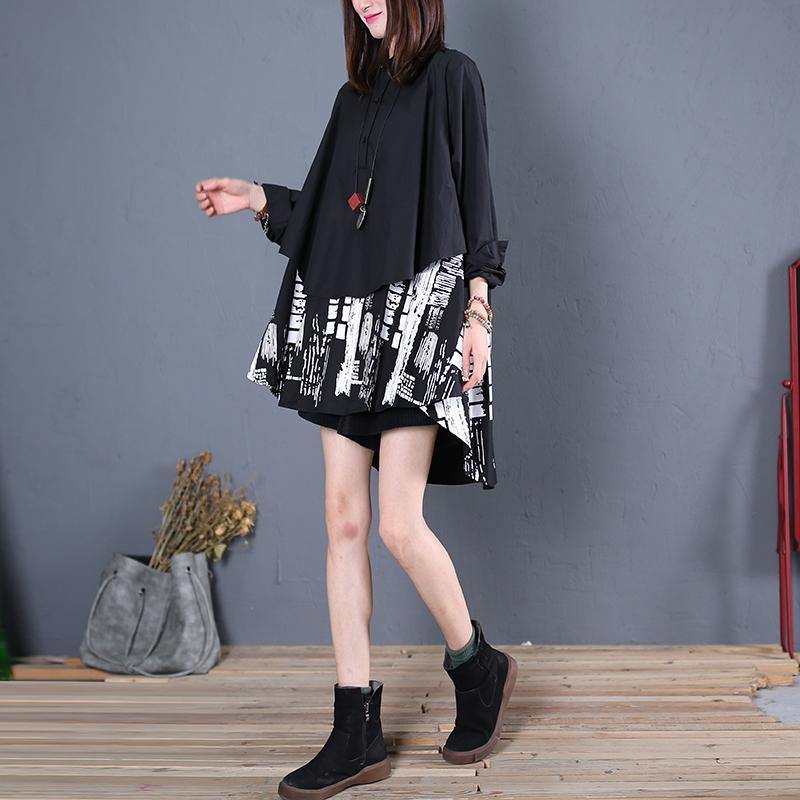 Women black cotton clothes For Women patchwork daily fall long shirt - SooLinen