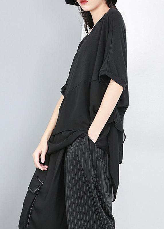 Women black shirts women Fine Cotton Chiffon Spliced Solid Irregular Blouse - SooLinen