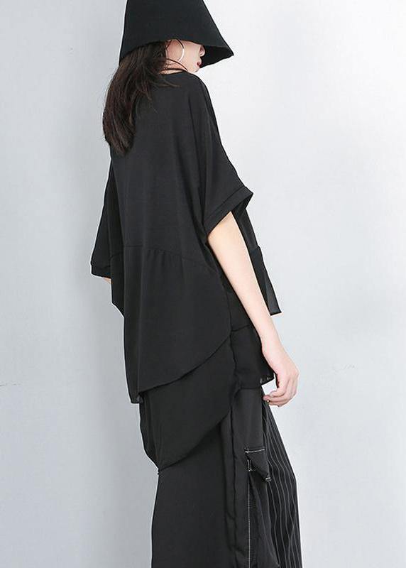 Women black shirts women Fine Cotton Chiffon Spliced Solid Irregular Blouse - SooLinen