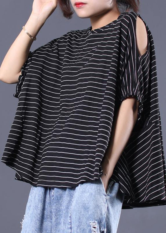 Women black striped cotton clothes off the shoulder Plus Size Clothing summer top - SooLinen